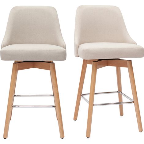 Miliboo – Tabourets de bar scandinaves pivotants 360° en tissu beige et bois hêtre massif – Lot de 2 – Hauteur d'assise 65 cm – Design moderne