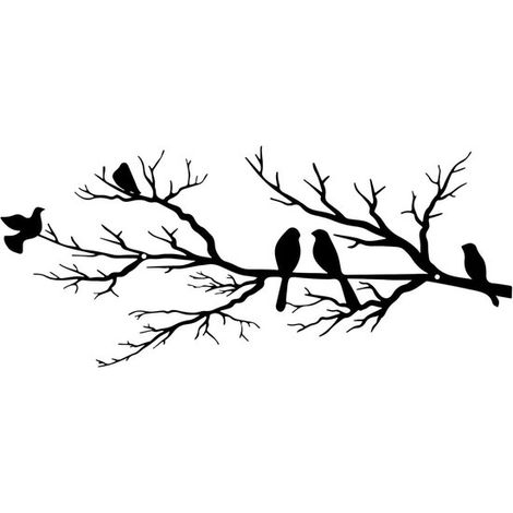 Arte de pared de pájaros de metal, Silueta de pájaros vivos en una rama, Hojas negras con pájaro, Silueta de rama de árbol, 43 x 18,6 cm, Negro (1/5)