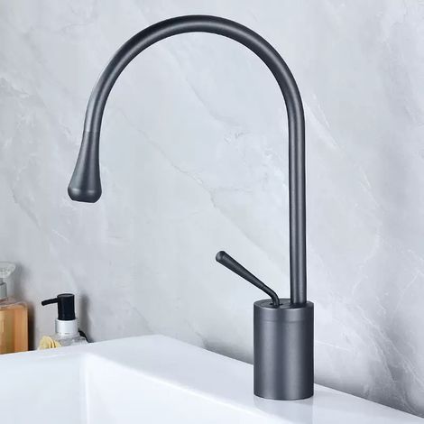 Robinet de Lavabo Gris Canon en Laiton - Mitigeur Chaud/Froid Pivotant avec Flexible d'Alimentation Inclus (Modèle Bas) (1/5)