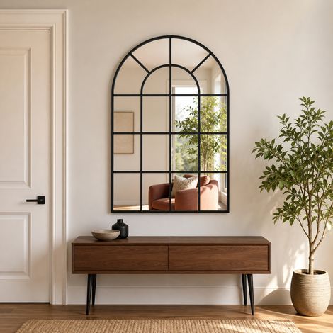 LunaMirror Aster Fensterspiegel 120 x 75 cm, Bogenform mit dekorativer Fenstersprossen-Optik, Schwarz (1/5)