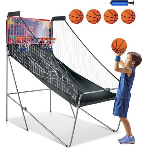 COSTWAY elektrischer Baskeltballständer klappbar, Basketballautomat mit 4 Bällen, Luftpumpe & 8 Spielmodi, Arcade Basketballspiele Schießmaschine Kinder für 2 Spieler (Lila)