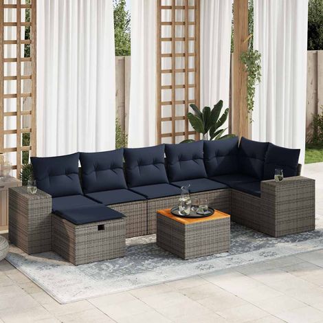 Salon de jardin en résine tressée gris 8 places avec coussins bleu marine, canapés modulables et rangement intégré (1/5)