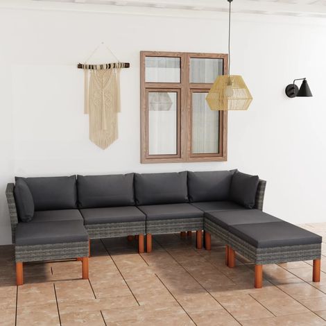 7-tlg. Garten-Lounge-Set mit Kissen Poly Rattan Grau (1/5)