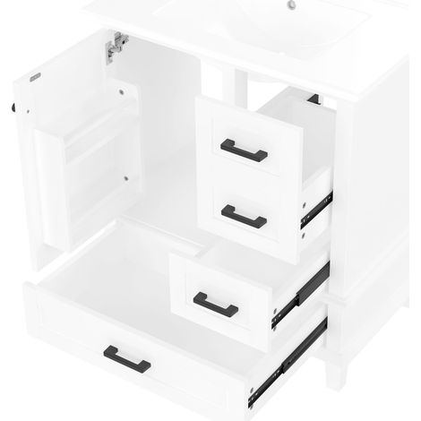 Meuble sous-vasque sur pied 76x46x83,5cm avec lavabo, finition laquée intégrale, étagère de porte, trois tiroirs silencieux, lavabo en céramique intégré, blanc (1/5)