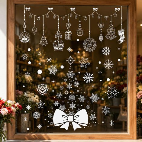 Autocollants de Noël blancs, scène d'hiver enneigée, flocons de neige, arbres, autocollants pour fenêtres, nœuds, couronnes, boules suspendues, autocollants statiques pour vitrines.