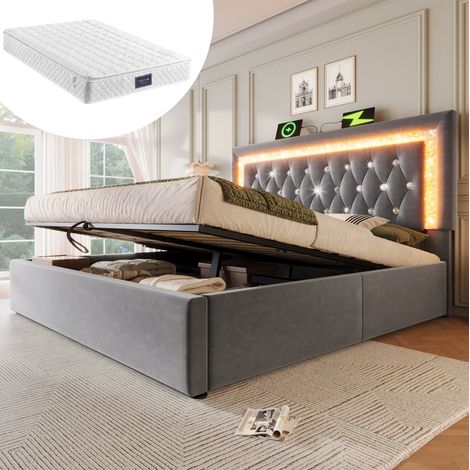 Polsterbett 140x200 cm aus grauem Samt mit LED, USB und Matratze HAVRYA (1/5)