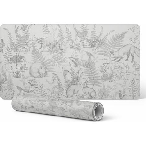 Tapete de juego resistente con dise帽o de animales del bosque y helechos, 120x60 cm.