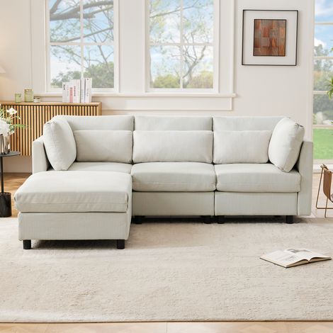 Sofa 220x83x81 cm aus beigem Leinen, 3-4 Sitzer mit mobiler Chaiselongue und 5 inklusive Kissen (1/5)