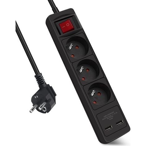 Multiprise 3 Prises et 2 Ports USB Chargeur,Bloc Multiprises avec Interrupteur, Rallonge 1.5m 230 V avec sécurité Enfant pour Maison, Bureau, Noir (1/5)