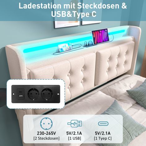 Lit double rembourré 180x200 cm beige sans matelas. LED et USB-C,cadre bois-métal hydraulique,charge 300 kg. (1/5)