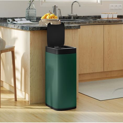 Cubo de basura con sensor de 50 L con apertura sin contacto, metal verde oscuro, uso diario (1/5)