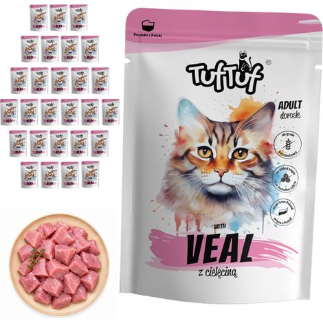 Aliment humide pour chat TufTuf, sachet de veau, 30 sachets de 300 g, viande en conserve (1/2)
