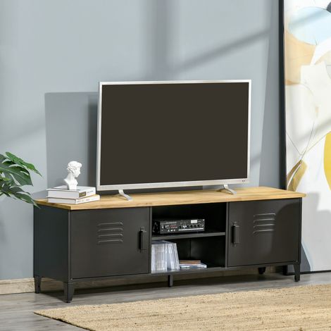 Meuble TV Banc TV pour téléviseurs de 55'' avec 2 Placards Pieds Réglables Cadre métalique noir Plateau en Bois Naturel 150 x 40 x 50 cm (1/5)