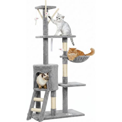 Arbre à chat avec griffoirs sisal, niche, perchoir, échelle et 4 souris - Tour pour chat en bois et peluche - Gris 60x35x134 cm (1/5)