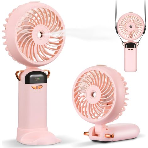 Mini Ventilateur Brumisateur Portable, USB Ventilateur Rechargeable Main 5 vitesses, Petit Ventilateur de Poche avec Base, Pliable Ventilateur Portatif pour Voyages, Bureau, Maison(Rose) (1/5)