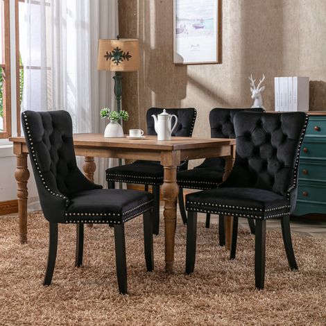 Lot de 2 chaises de salle à manger avec dossier rembourré, en velours, pieds en bois, noir