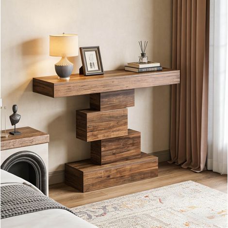 Tavolo consolle 108x30x80 cm marrone scuro in legno con base geometrica e design a livelli (1/5)