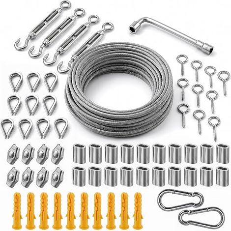 Kit de Câble en Acier Inoxydable 35m (3mm) – Corde de Suspension Revêtue PVC avec Tendeurs pour Guirlandes Lumineuses, Treillis et Clôture – Ensemble de Fixation Complet 7x7 Brins (1/5)