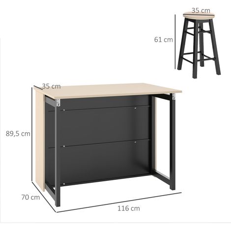 Ensemble bar 3 pièces, table de bar avec plateau rabattable, 2 tabourets de bar, 6 compartiments de rangement, noir et chêne, 116 x 70 x 89,5 cm (1/5)