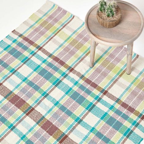 HOMESCAPES Wilson Handwoven Blue, Yellow and Brown Tartan 100% Cotton Rug, 70 x 120 cm