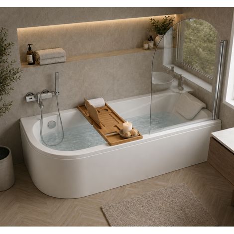 Baignoire d'angle asymétrique droite 160 x 75 cm - blanc - sans tablier, pieds, vidage chrome, pare - baignoire, repose - tête, plateau bambou - OASIS (1/5)