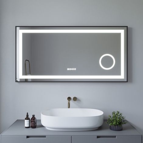 120x60cm Badspiegel Badspiegel mit Beleuchtung Schwarzer Rahmen Wandspiegel Kaltweißlicht, Beschlagfrei, Uhr, Kaltweißlicht, Memory Funktion (1/5)