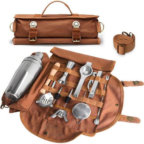 Mallette de barman, kit de barman portable pour les voyages, mallette de mixologie pour la préparation de cocktails à la maison, au travail ou en soirée (sac uniquement). (1/3)