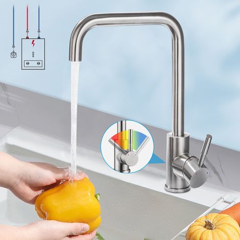 Robinet cuisine basse pression 360° – Mitigeur évier pratique pour chaudière, acier inox, levier unique facile à utiliser (1/5)