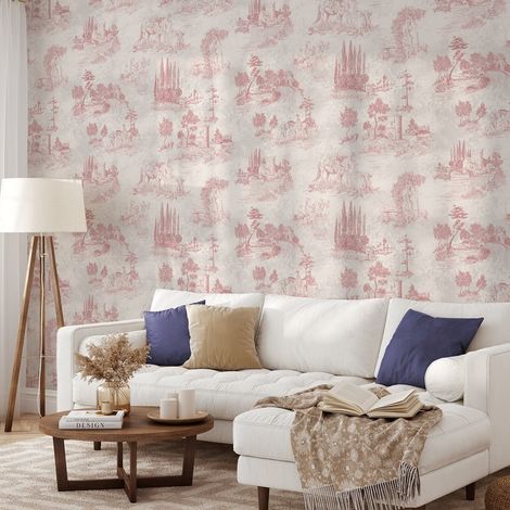 Papier peint vintage avec paysages roses pour salon Toile de Jouy Rosa