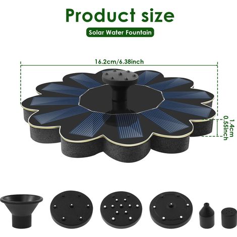 (Noir, 1 pièce) Fontaine solaire flottante en polysilicium avec pompe à eau et 5 buses, idéale pour les bassins de jardin et les bains d'oiseaux. (1/5)