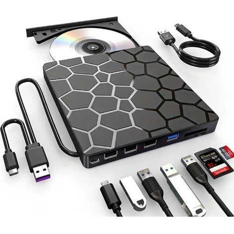 KLVGTIFS PU – Ultradünner, tragbarer 8-in-1-USB-3.0-CD/DVD-Brenner. Schnelle Übertragung, kompatibel mit Windows/Mac/Linux, kein externes Netzteil erforderlich. (1/5)