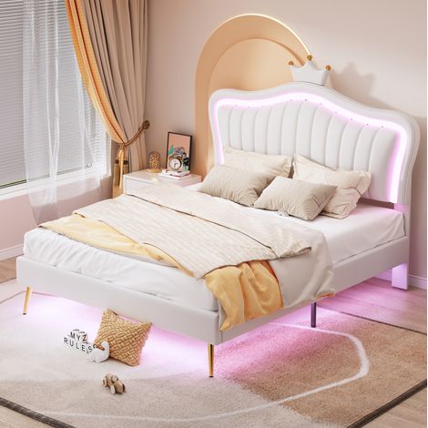 Kinderbett mit LED 140x200 aus Kunstleder weiß OKMYHOME (1/5)