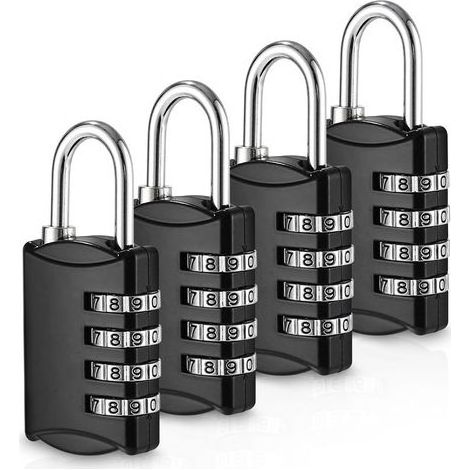 Lot de 4 Cadenas Code de 4 Chiffres, Petit Cadenas a Code College,Valise Avion en Métal Exterieur pour Casier Bagage Gym (Noir) (1/5)