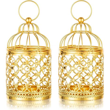 Portacandele Lanterna con Gabbia in Metallo - 2 Pezzi Piccoli Candelieri Sospesi per Candelabri Tealight, Centrotavola Tealight Decorativo Vintage per Feste di Matrimonio in Soggiorno, Oro (1/5)