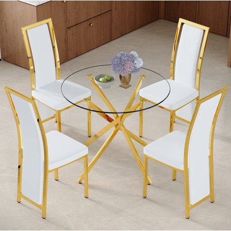 Conjunto de mesa de comedor y 4 sillas (88x88x75 cm), vidrio templado, bordes redondeados, metal, PU blanco y dorado (1/5)