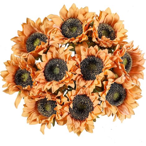 Lot de 10 tournesols artificiels à tige unique, style rustique, pour la décoration de votre maison, hôtel ou de votre chambre (jaune clair). (1/5)