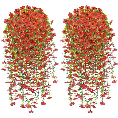 Fleur Artificielle Suspendue, 4 PCS Fleur Artificielle Extérieur, 76CM Plantes Suspendues de Simulation, Fleurs Artificielles Tombante de Mariage pour Balcon Jardin et Patio d'Extérieur, Rouge
