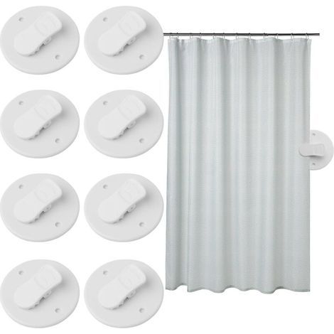 BUNTHAUS Lot de 8 clips de rideau de douche autocollants blancs pour éviter les éclaboussures d'eau et maintenir le rembourrage du rideau près du mur. Fixations pour rideaux de douche à domicile.