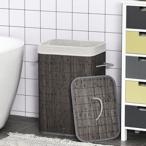 Cesto de ropa con asas y bolsa lavable, ratán, poliéster, algodón, metal, 43 cm de largo x 32 cm de ancho x 61 cm de alto, gris (1/5)