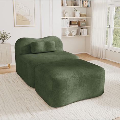 Canapé modulaire en velours vert avec pouf, design ondulé sans cadre, assise extra profonde et dossier mobile, combinaison flexible pour salon, appartement ou chambre – CHICFURN (1/5)