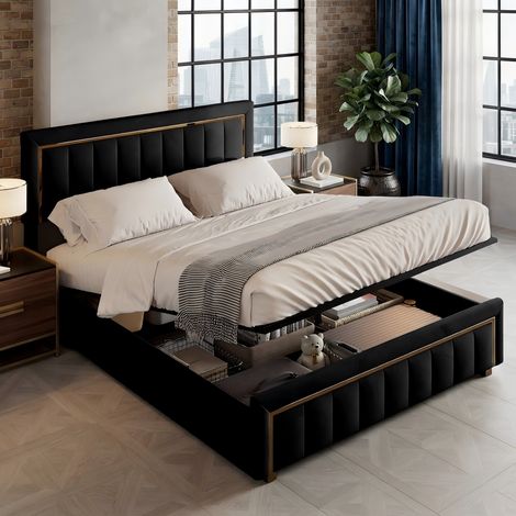 Syeklaoo Lit double capitonné réglable en hauteur,Lit rembourré avec sommier à Lattes , Coffre de lit hydraulique,pour Adultes et Ado,en Velours, Noir,–140x200 cm (1/5)