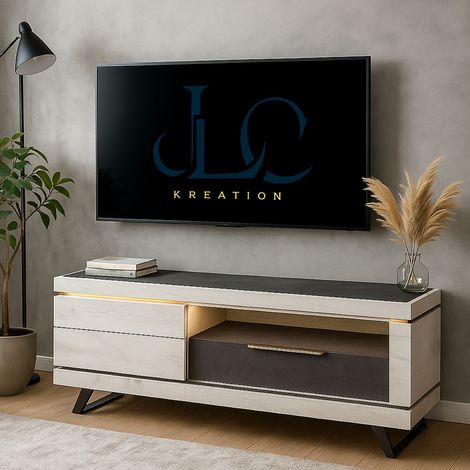 Meuble TV contemporain 155cm chene blanchi avec LED GILDA (1/4)
