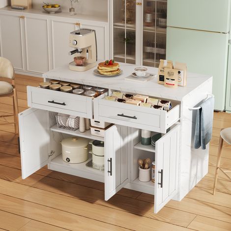 Isla de Cocina con 2 Cajones y 3 Puertas, Estantes Ajustables, Enchufes y USB, 120×60×91 cm, para Cocina, Blanco (1/5)