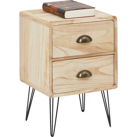 Idimex – Table de chevet vintage 2 tiroirs – Bois paulownia lasuré brun – Finition bois brûlé – Pieds en métal noir