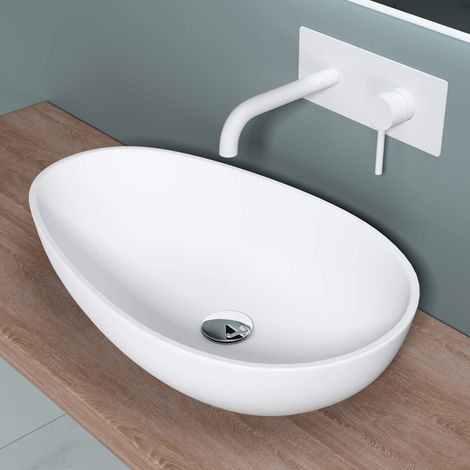 doporro Lavabo da Appoggio, Lavandino Bagno 59.8x36x14cm, Lavabo Ovale da Minerale Fuso Colossum809, Biano Opaco (1/5)
