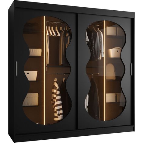 Armoire Hartford 532, Noir, 200x200x62cm, Portes d'armoire: Coulissantes, Nombre d'étagères: 9, LED: Disponible