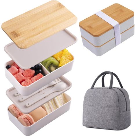 Lunchbox mit zwei Fächern, Holzoptik, großes Fassungsvermögen, mikrowellengeeignet (hält Lebensmittel frisch)