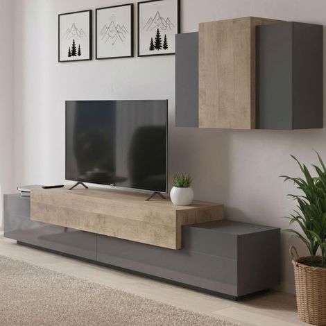 Élément Mural Ruben, Ensemble de Salon Meuble TV, Meuble de Salon Polyvalent, 240x45h180 cm, Anthracite et Érable (1/5)