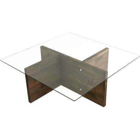 Table basse design carré Enatone 90cm Pin massif foncé et Verre Transparent (1/5)