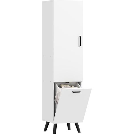 Armoire de salle de bain haute avec portes et étagères, panier à linge pour petits espaces, 35 x 31,5 x 144 cm, blanche